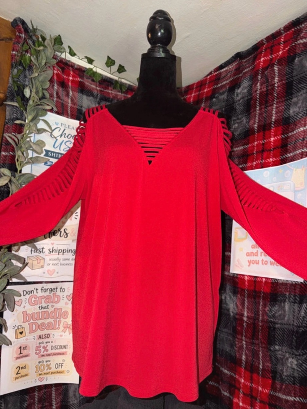 Cato Red Cold-Shoulder V-Neck Dress with Ladder Accents